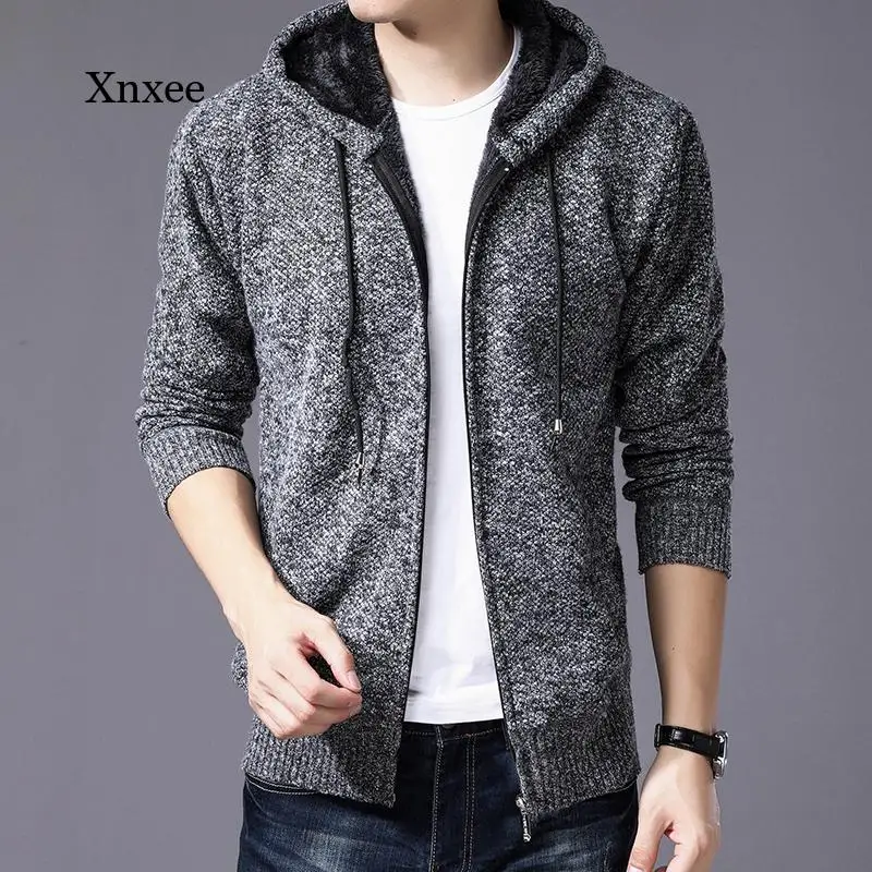 

Warm Hooded Coat Sweater Coat Men Winter Thick Cardigan Jacket Jumpers Men Striped Wool Liner Zipper Fleece Coats Men Clothing