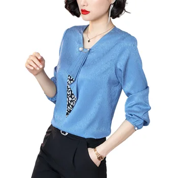 

2020 Women's Spring High Fashion V-neck Pearl Ribbon Long Sleeve Satin Blouse Shirt Ladies Casual Loose Office Blouses And Tops