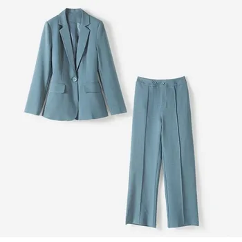 

2020 Ladies Office Work Blue Women's Blazer Coat Single Button Jacket Outwear Top Or Female Straight Long Pants Trousers Suit C