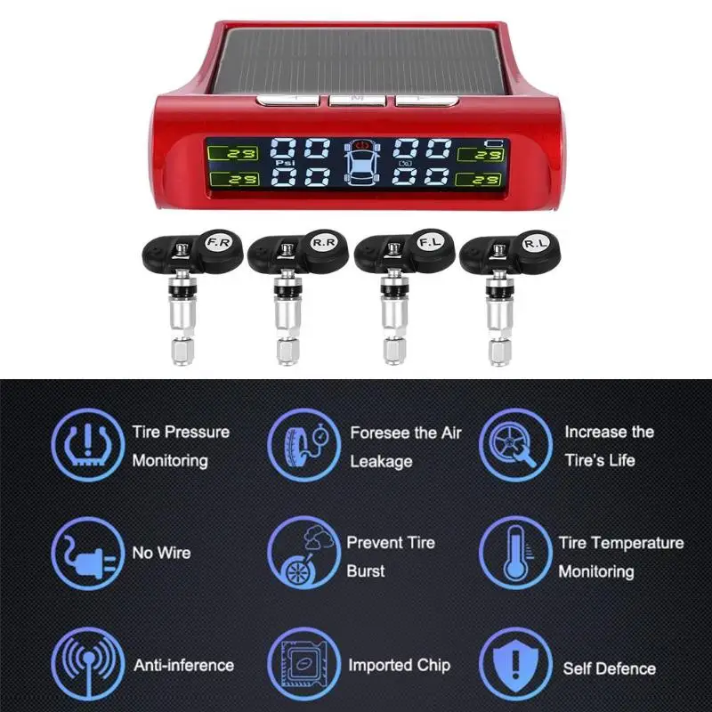 Беспроводной ЖК-дисплей автомобиля TPMS солнечной энергии авто шин давление мониторинга TPMS сигнализация с 4 внутренними/внешними датчиками красный