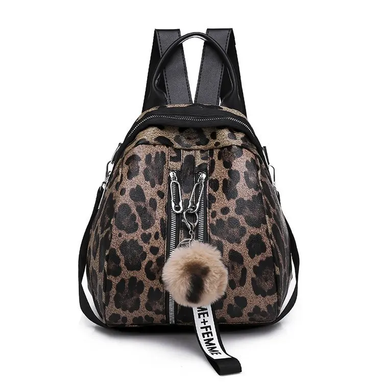 

Women Backpacks PU Leather Leopard Backpack Female Bag Fashion Personality Hairball School Backpack Shoulder Bag