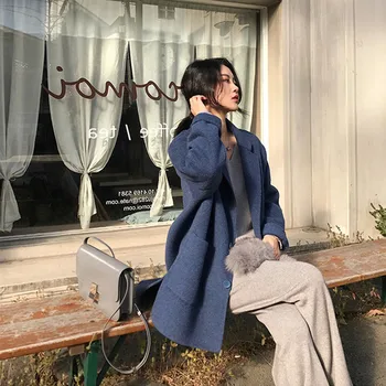 

Winter Autumn Women Coat Single-breasted Long Sleeve Wool Blend Thicken Med Long Overcoat Casual Loose Trench Jakcets Outwear