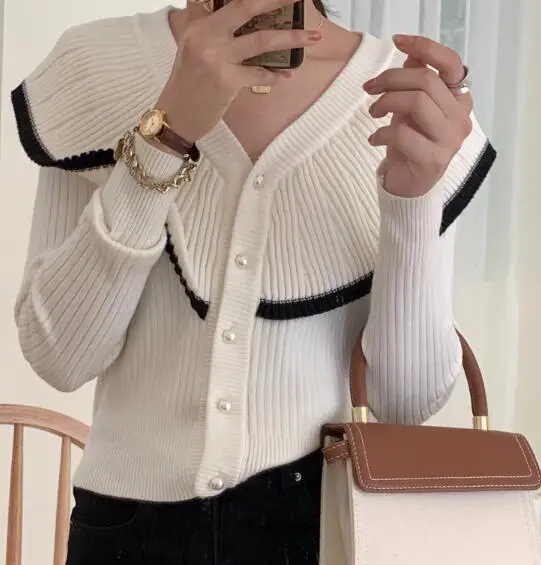 Женский осенне-зимний сексуальный элегантный тонкий свитер с v-образным вырезом, Женский вязаный кардиган с длинным рукавом, короткая верхняя одежда во французском стиле - Цвет: Белый