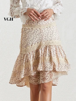 

VGH Elegant Print Lace Patchwork Skirt For Women High Waist Ruched Asymmetrical Skirts Female Fashion Clothing 2020 Spring Tide