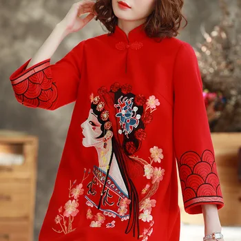 

chinese style spring autumn embroidery in the high-end celebrity wind stand collar woolen tops style cheongsam loose lady Dress