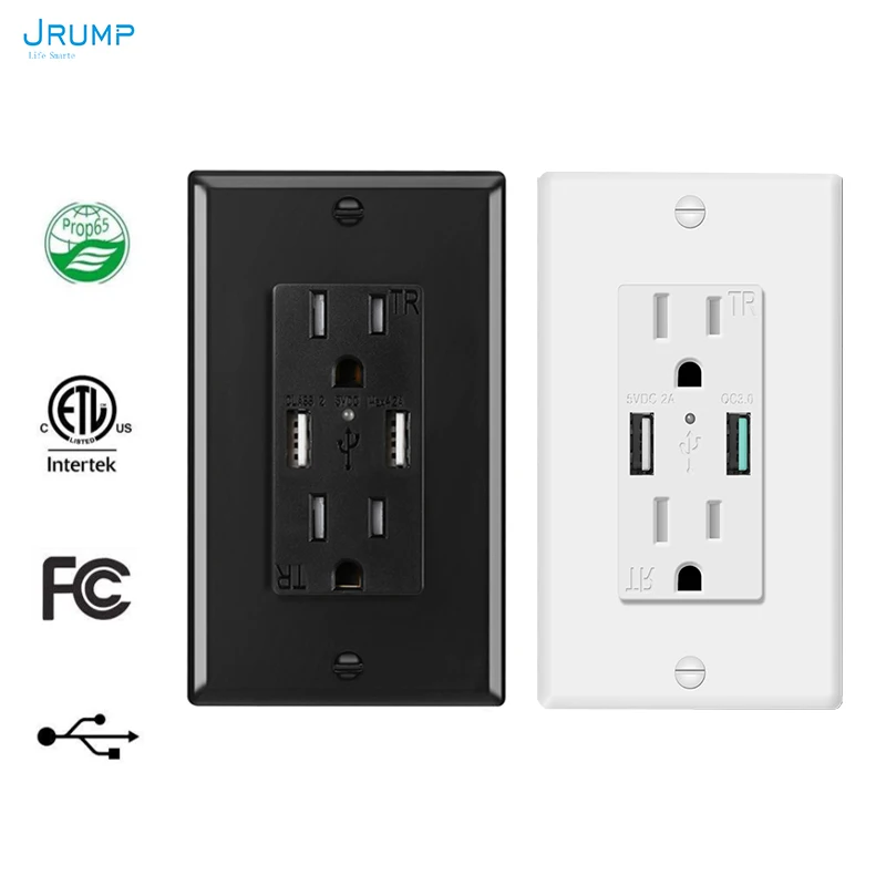 JRUMP американского стандарта Мощность двойной розетки с Calss2 USB Quick Зарядное устройство 5V/4.2A виброзащищенной