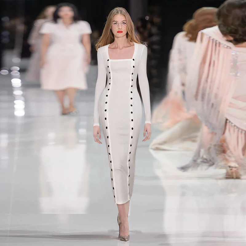 

Women Long Sleeve Sweater Dress Vintage Runway Designer High Quality Slim Bodycon Tight 2020 Autumn Spring Long Dresses Female