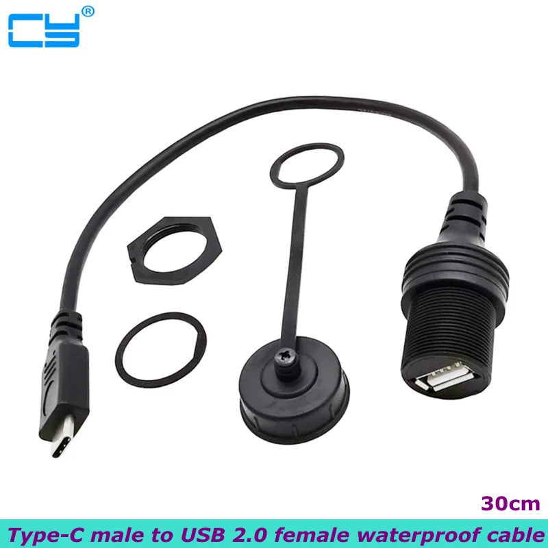 

Type-C to USB 2.0 female USB-C OTG waterproof AUX embedded panel mounting cable for car, ship, motorcycle dashboard