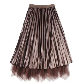 

Womens Mesh Midi Skirt High Waist Irregular Net Veil Velvet Skirts Elastic Band Female Lace Pleated Skirt Wear On Both Sides