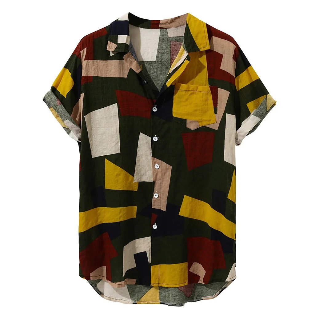 Мужская рубашка с геометрическим рисунком в стиле пэчворк, модная Гавайская Свободная рубашка с цветными блоками, винтажная Повседневная рубашка с коротким рукавом и пуговицами, льняные Топы# Y3