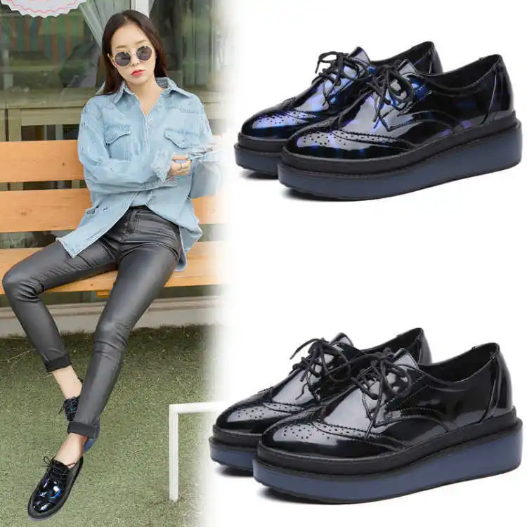 

New Style British-Style Platform Shoes Women's Thick Bottomed WOMEN'S Shoes Autumn Bullock Shoes Paint Versatile Lace-up Small L