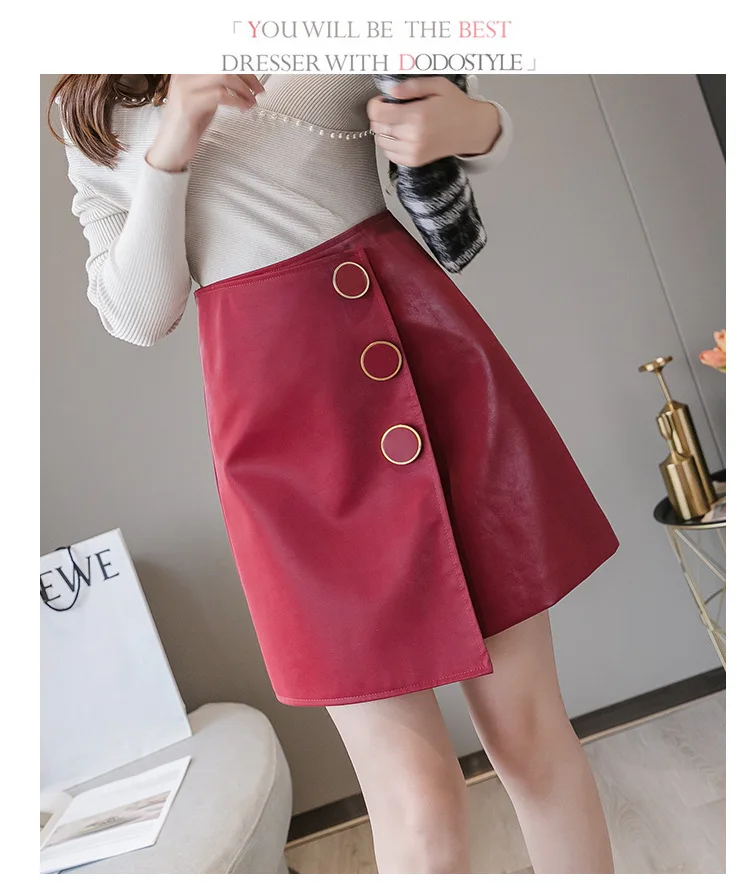 Heydress Осенняя модная однотонная кожаная юбка короткая Асимметричная юбка с высокой талией Мини-юбка высокого качества на пуговицах