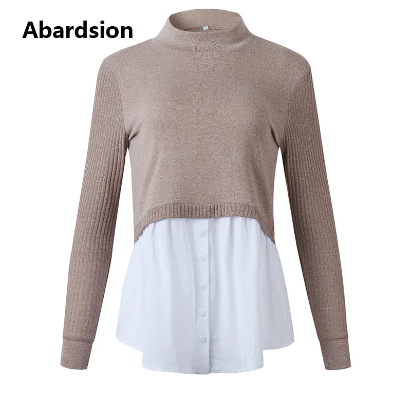Хаки Abardsion, модный осенний зимний джемпер, свитер, рубашка, Женский пуловер, длинный рукав, ложный вырез, пэчворк, черный, Вязанный свитер - Цвет: Хаки
