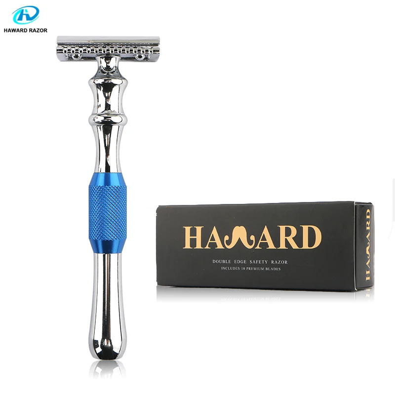 Online Maquinilla de afeitar de aleación de Zinc, maquinilla de afeitar clásica Manual para hombres, maquinilla de afeitar de doble filo de seguridad, azul y negro Mango, 10 cuchillas