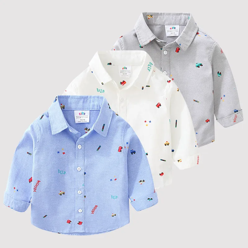 2024 Spring Autumn 2 3 4 5 6 7 8 10 Years Long Sleeve Car Pattern Full Print Handsome White Gray Cotton Shirt For Kids Baby Boys