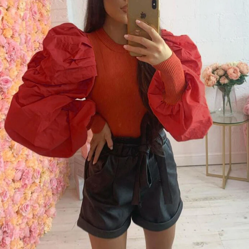 Red Новинка, черная, белая блузка с пышными рукавами, рубашка, женские топы, осень-весна, Круглый ворот, оборки, вязанная рубашка в рубчик, винтажные повседневные блузы GV968 - Цвет: Red