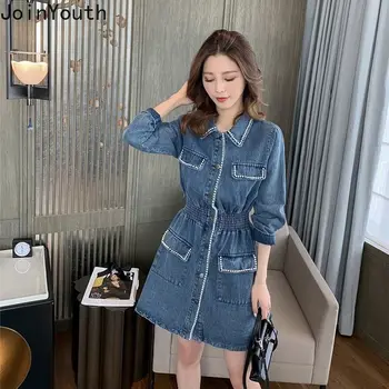 

Joinyouth 2020 Spring Jeans Dresses Korean Elastic Waist A-line Dress Long Sleeve Turn Down Collar Bead Demin Vestidos 58522