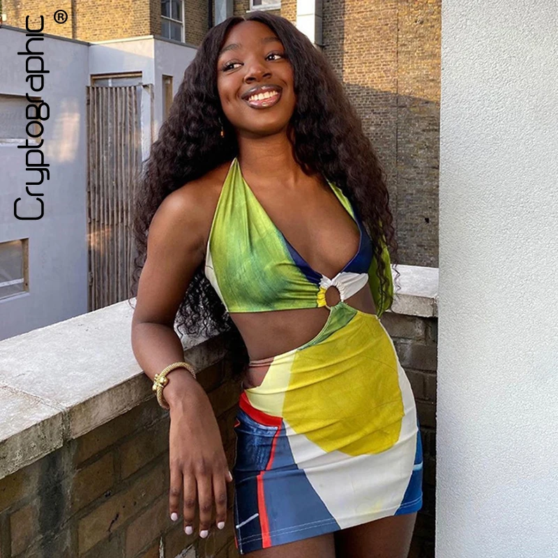 

Cryptographic Digital print Halter Sexy Mini Dresses Club Party Elegant Sexy Backless Cut-Out Sleeveless Short Dress Fall 2020