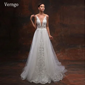 

Verngo Custom Made Spaghetti Straps A Line Lace Wedding Dress Sequin Bride Gowns Modern Sexy Bridal Dress Vestido de noiva