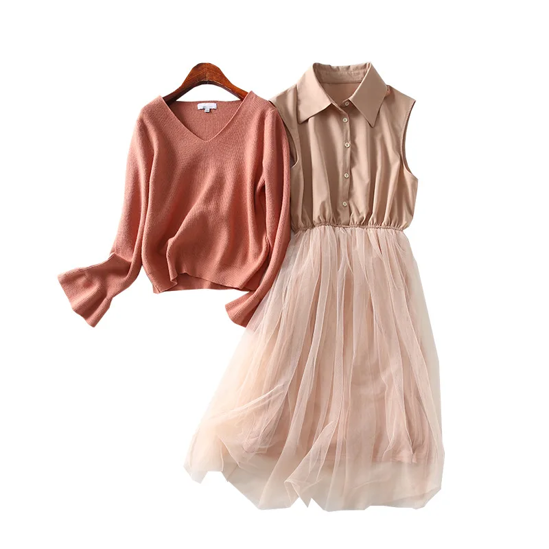 

One's V-neck Sweater Fake Two-Piece Joint Fold-down Collar Mesh Dress Two-Piece Women's Entity