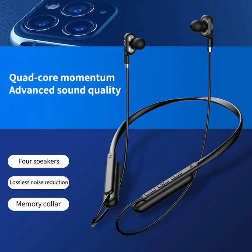 Bluetooth Headphone 5 0 Four Speakers Subwoofer Neck mounted Wireless Headset Sports Noise Reduction Support Memory Card