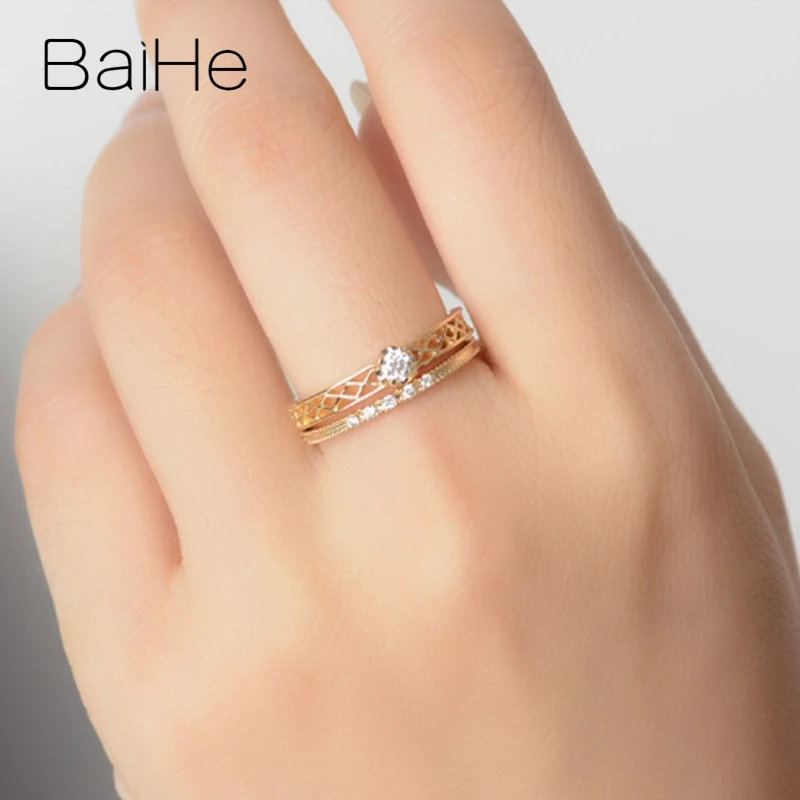 BAIHE Solid 14K желтое золото 0.05CT сертифицировано H/SI круглые натуральные бриллианты свадебные женские модные ювелирные изделия модное кольцо