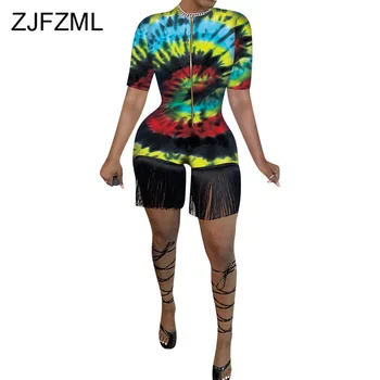 

Tassels Patchwork Sexy Short Playsuits For Women Leopard Snake Skin Tie Dye Beach Bodysuit Vintage Zipper Up Short Sleeve Romper