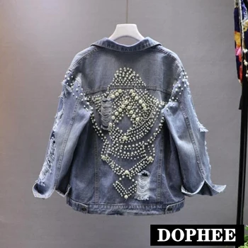 

New Spring and Autumn Fashion Heavy Work Pearl Beaded Hole Ripped Denim Jacket Women's Streetwear Loose Jeans Coat Outfits