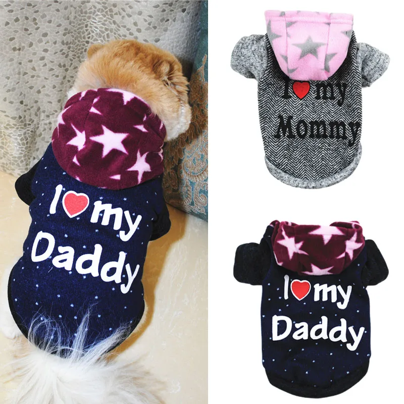 Мягкая толстовка с капюшоном для собак одежда надписью I Love Mommy Daddy зимняя куртка