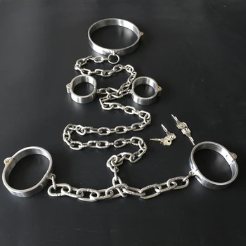 Stainless Steel Lockable Bondage Neck Collar Handcuffs Ankle Cuff Restraints Fetish BDSM Sex Toys For Women Man Couples