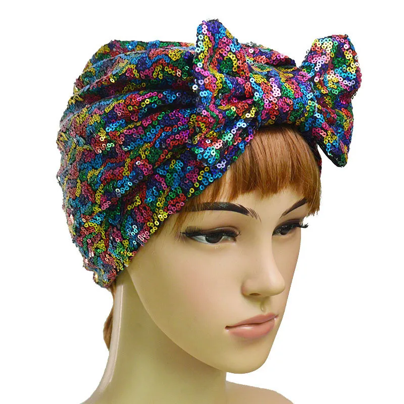 

Glitter Women Sequins Turban Cap Muslim Headwear Bowknot Hijab Caps African Headwraps Ready To Wear Hijabs Headscarf Bonnet