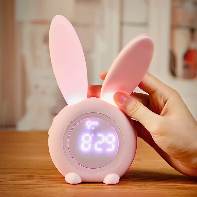 PinkLindo reloj despertador de conejito, luz de despertador para niños,  reloj despertador, luz nocturna para dormitorio de niña, reloj de  entrenamiento para dormir, regalo de cumpl