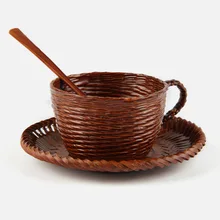 Bamboo Woven Cup With Saucer Stirring Spoon set Handmade Impermeable Mug For Coffee Tea Drinkware Water Eco Home Gift