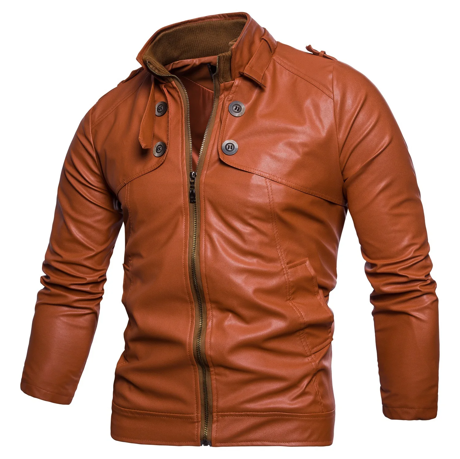 

2018 Autumn New Style Men Multi-Button Locomotive Stand Collar Slim Fit Washing PU Leather Jacket