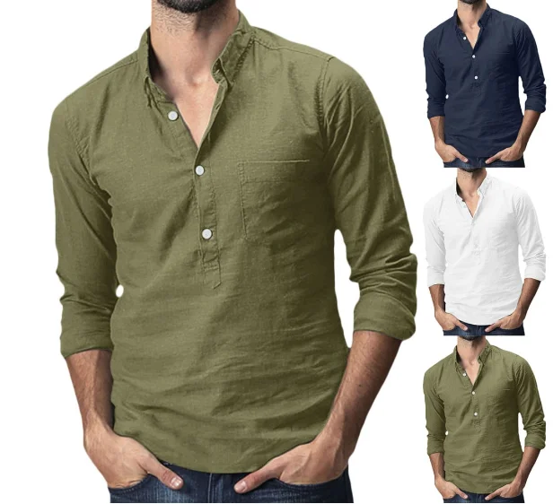 

Рубашка мужская с несколькими карманами, гавайская блуза из хлопка и льна, с отложным воротником и короткими рукавами, однотонная, лето 2020