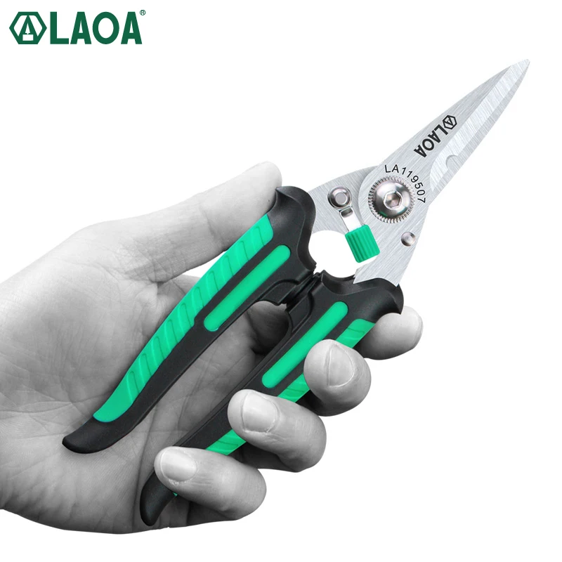

Многофункциональные ножницы LAOA, сделано в Тайване, с безопасным замком, режущие ножницы из нержавеющей стали для резки кожевенной проволоки, бытовые ножницы