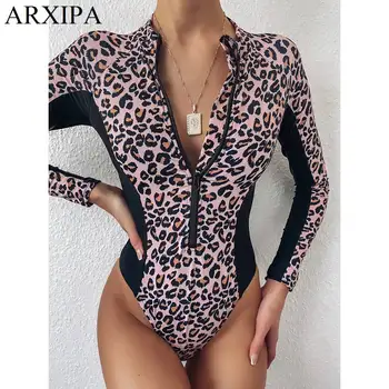 

ARXIPA 2020 Zipper One Piece Women Swimsuit Long Sleeve Swimwear Leopard Patchwork Bathing Suit Surfing Sport Monokini Brazilian