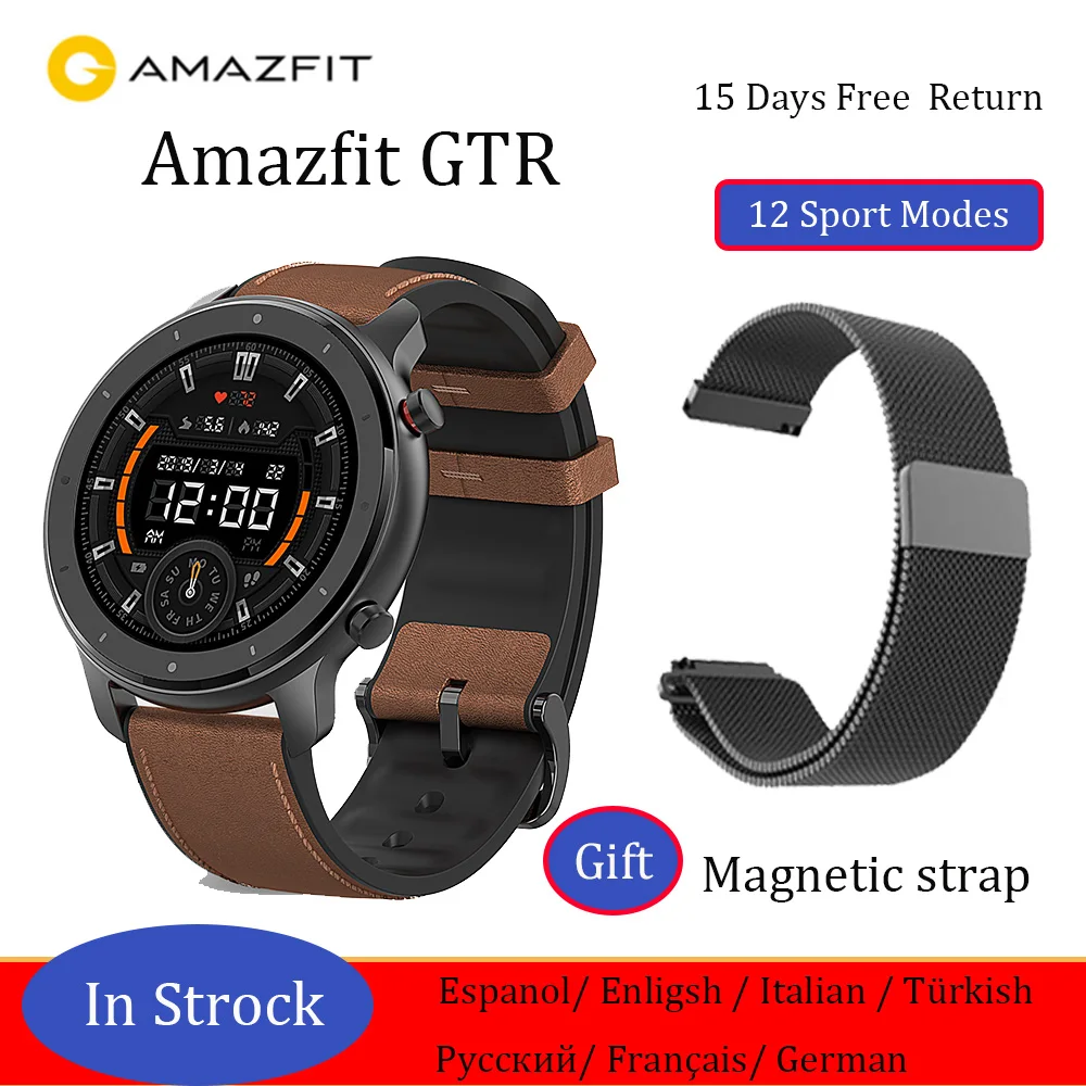 Amazfit GTR 47 мм Reloj inteligente global multilingue 5ATM непроницаемый gps Reloj deportivo inteligente Recordatorio de informaci - Цвет: Aluminum Alloy