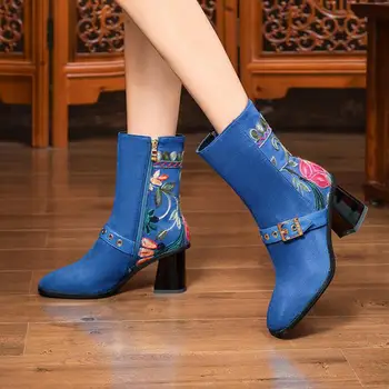 

Johnature Shoes Women Boots 2020 New Winter Flock Square Toe Embroider Zip Handmade Concise Comfortable Ankle Platform Boots