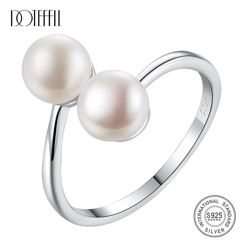 

DOTEFFIL New 925 Sterling Silver Ring Resizable Natural Genuine 7MM Freshwater 2 Pearls Ring Jewelry Women Gift High Quality