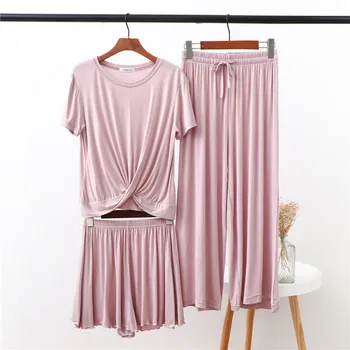 

Summer Thin Women's Home Clothes Loose Modal Female Pajamas Set pants Shorts 3 Pieces Set Homewear Women Summer Modal Home Suit