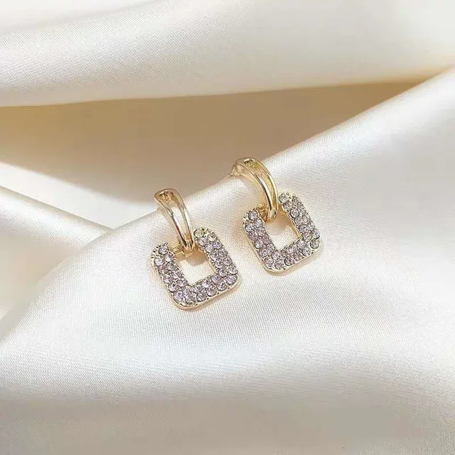 Gold Color Rhinestone Square Round Earrings for Women Luxury Exquisite Stud Earrings Girl Wedding Engagement Party Jewelry 4