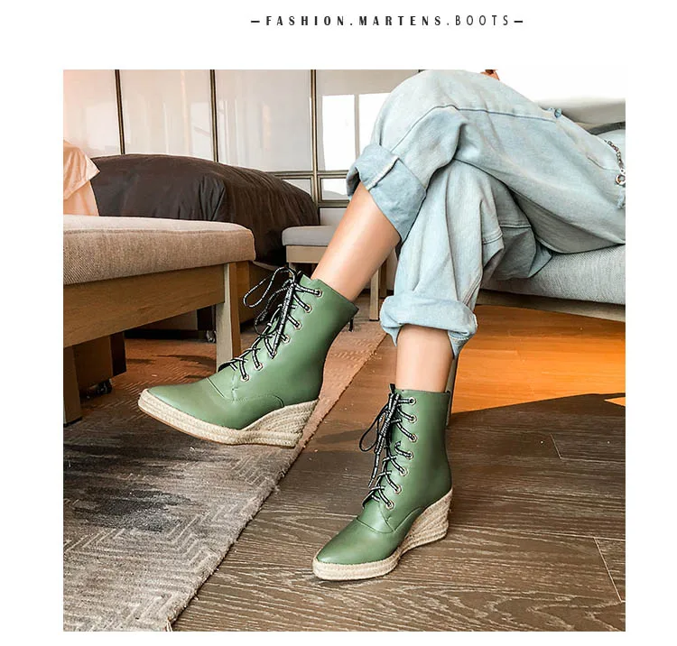 Phoentin/зеленые женские ботинки на танкетке; коллекция года; зимняя обувь на шнуровке; женская обувь из искусственной кожи с острым носком; большие размеры; FT789
