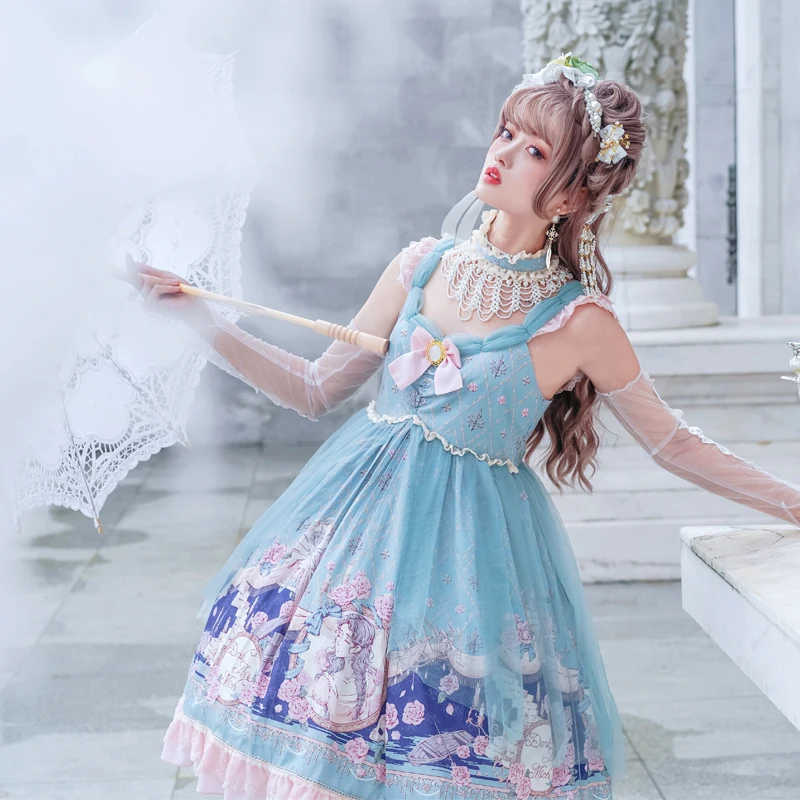 

Vintage Printed Lolita Elegant Sleeveless Fancy Dolly Dress Women's Temperament Princess Lace Bow Ruffles Party Suspender Dress