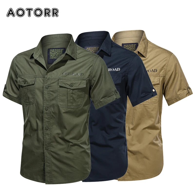 Nuevo Hombre militar sólido camisas 100% de algodón pantalón corto Casual manga Tops Slim uniforme militar camisa de moda de playa para hombre camisa 4XL