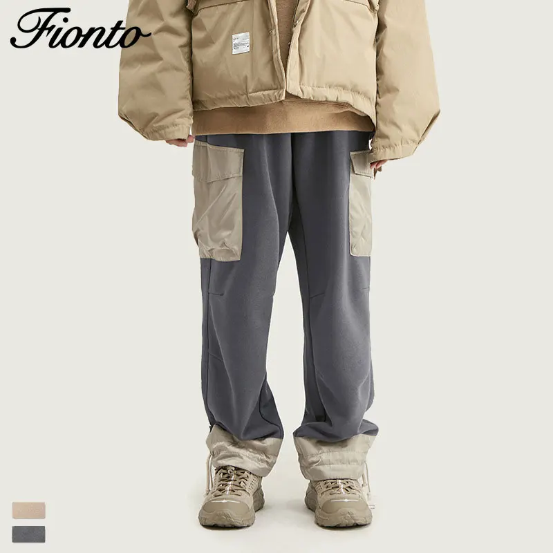 Fionto Men's Wear Autumn and Winter New Personality Impingement Pocket Splice Tie Foot Leisure Sports Pants Man