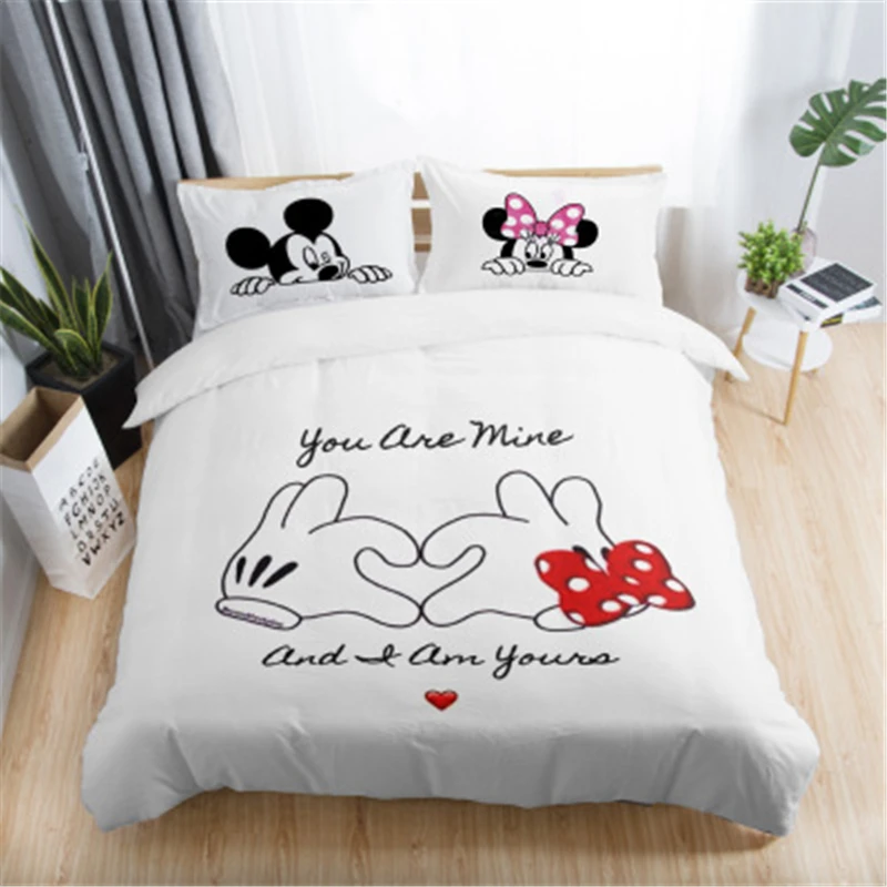 3pcs Black White Bedding Set Mickey Minnie Duvet Cover Home Textile Couple Wedding Quilt Set Adult 2