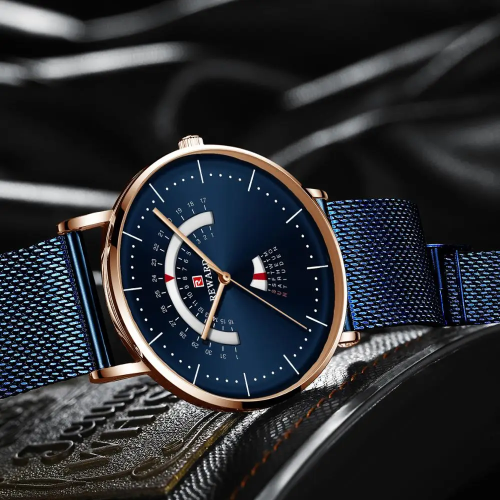 Skup Nagroda mężczyzna zegarka mody luksusowe wielofunkcyjny Auto data tydzień wyświetlacz kalendarz wodoodporna ze stali nierdzewnej cienkie mężczyzna zegar niebieski Reloj