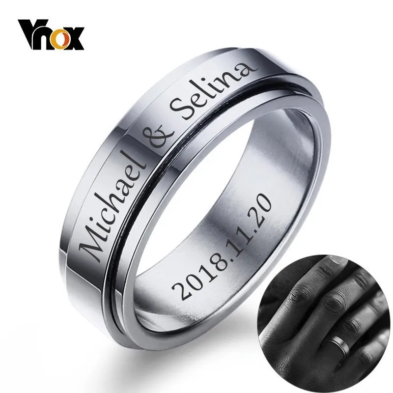 Spinner-Ring Wedding-Band Name-Date Rotatable Stainless-Steel Custom Vnox Initial Male