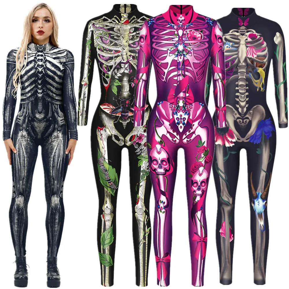 

Skull Flowers Butterfly Jumpsuit Catsuit Sexy Women Cosplay Costumes Zentai Halloween Bodysuit